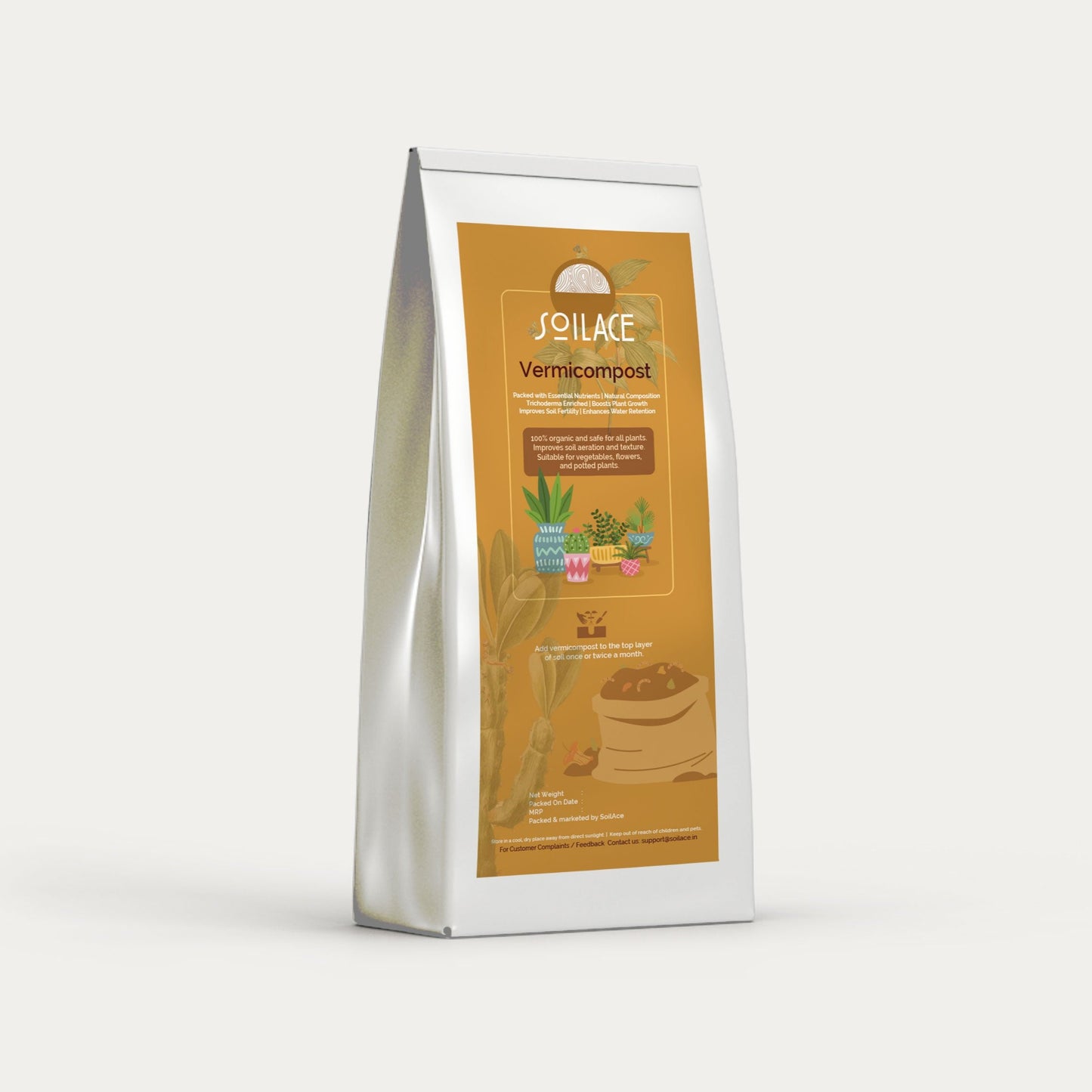 A package of Soilace Vermicompost, showing the product name and description, with images of plants and a fungus on the front.