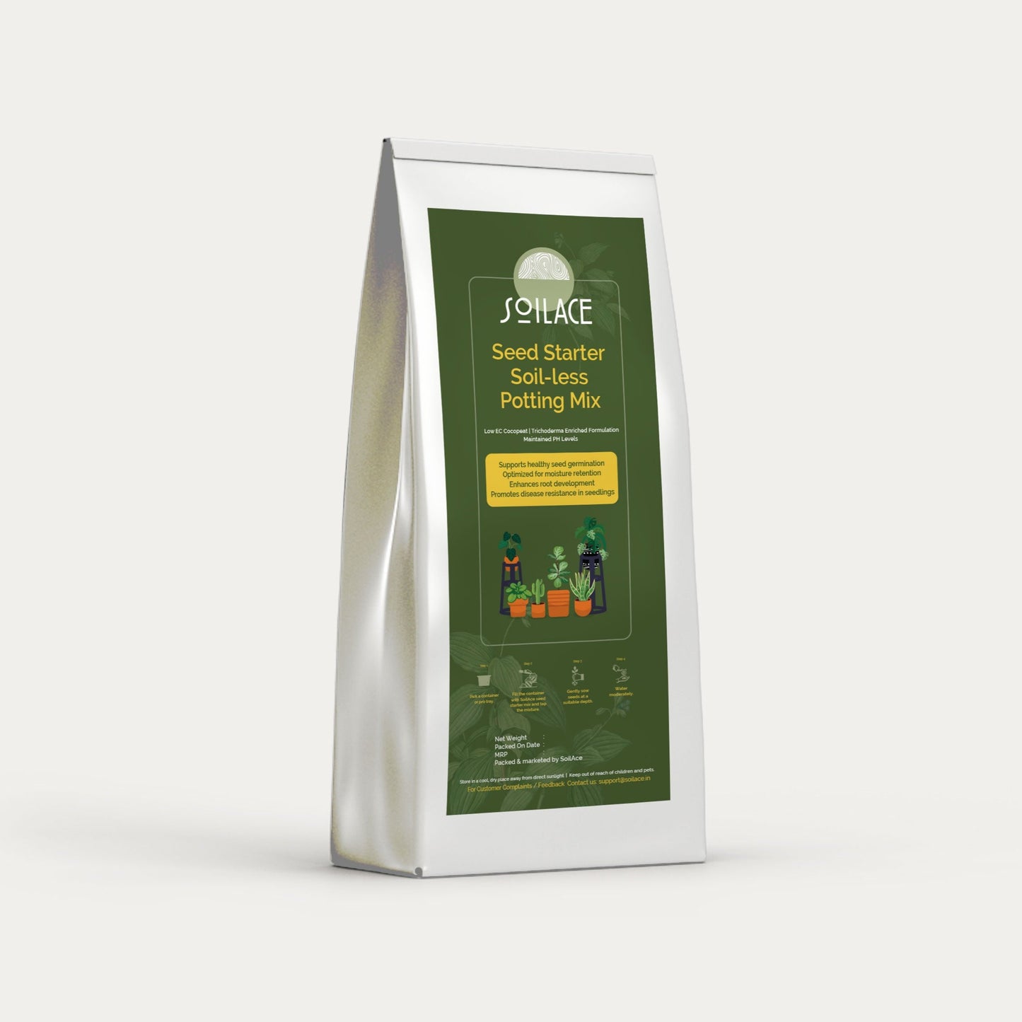 A package of Soilace Seed Starter Soil-less Potting Mix with green labeling and an illustration showing the product use for seed germination.
